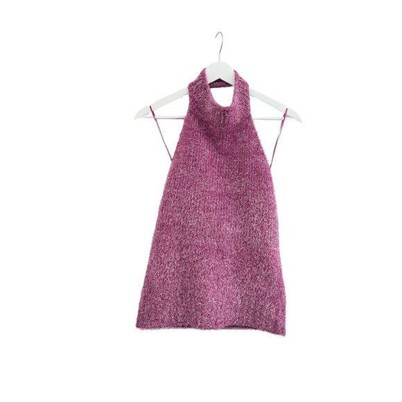 Bar III Metallic Fuzzy Sleeveless Halter Top | Open Back | Bold Berry | XS | NWT - Picture 2 of 6
